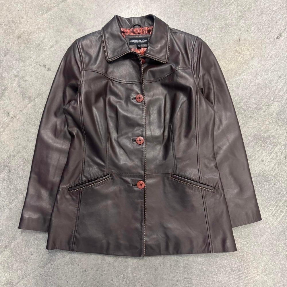 Brown Leather Blazer Women's Monterey Bay Gold Stitching Western Indie Jacket 10